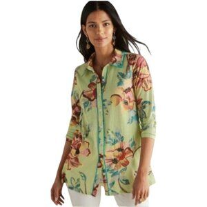 Soft Surroundings Elna Mixed Media Green Floral Button Front Blouse